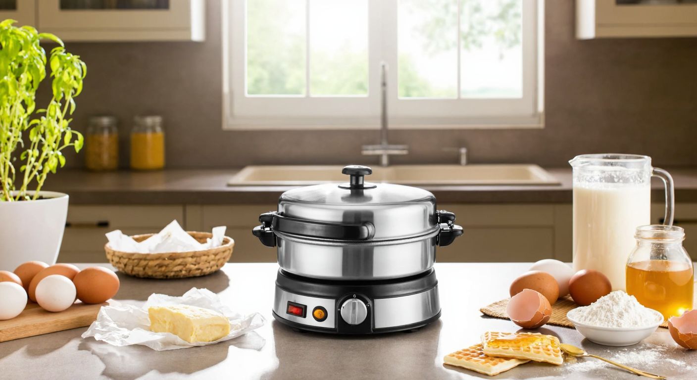 A stainless steel waffle maker with a modern design sits on a kitchen counter in a sunlit Turkish home, surrounded by fresh ingredients like flour, eggs, and honey, evoking warmth and homemade comfort.