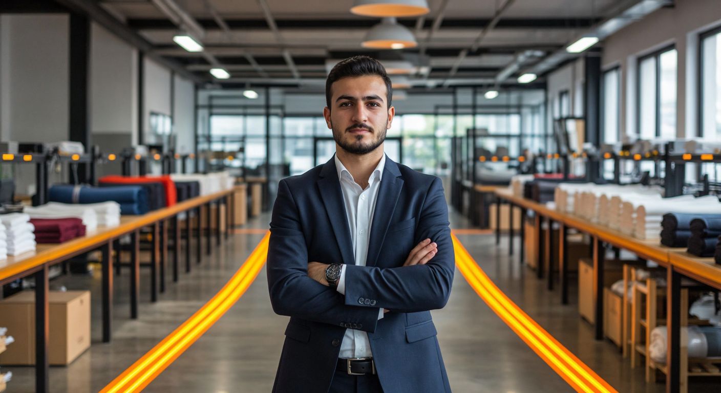 A confident Turkish businessperson in a modern office stands between two paths—one leading to a bustling textile factory (representing intrapreneurship) and the other to an open market with innovative startups (representing entrepreneurial orientation)—each path glowing with distinct energy.