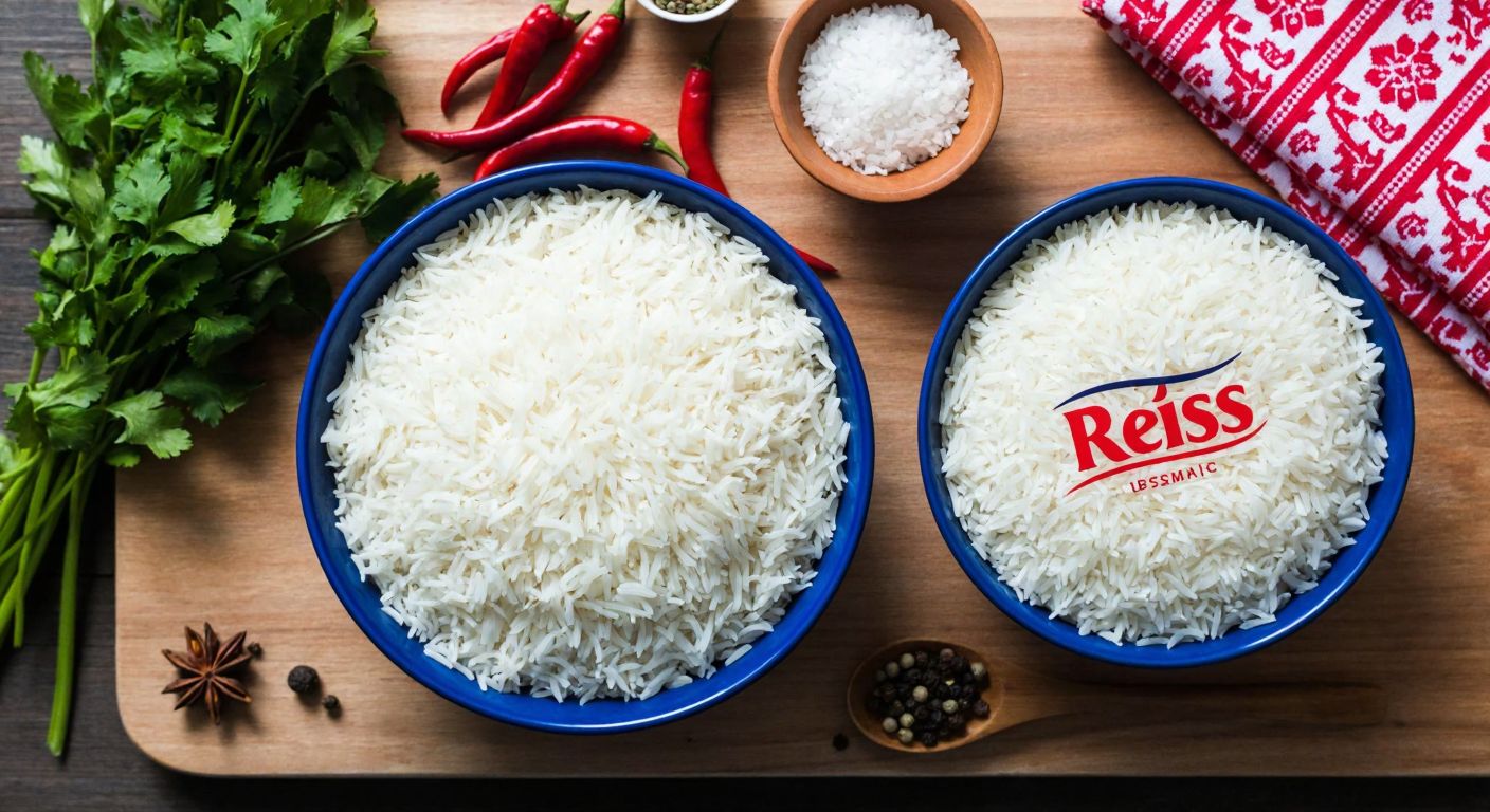 A vibrant Turkish kitchen scene with two bowls side by side—one filled with aromatic, long-grain Basmati rice and the other with Reis-branded Basmati rice, both placed on a wooden table beside fresh herbs and spices.
