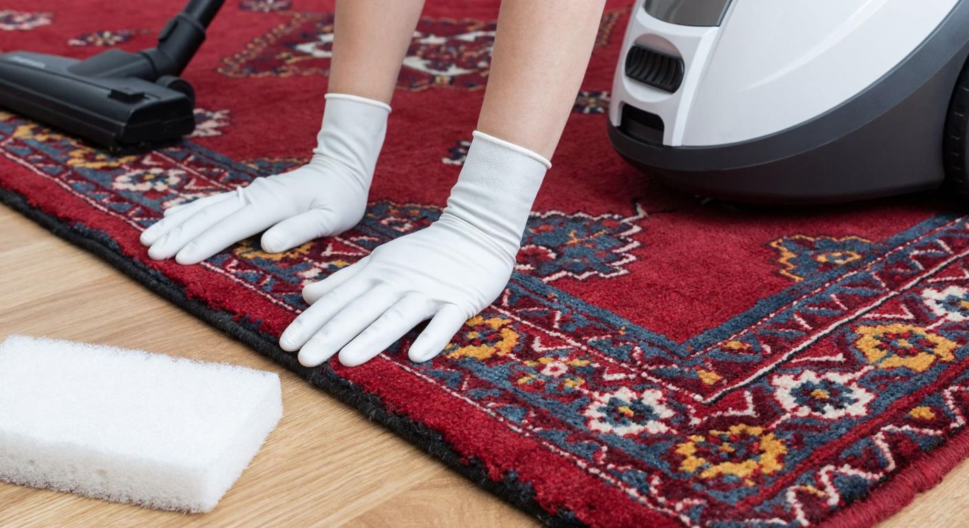 A pair of hands wearing a soft silk glove gently scrubbing a vibrant Turkish carpet, with a vacuum cleaner and a white sponge placed nearby on a wooden floor.