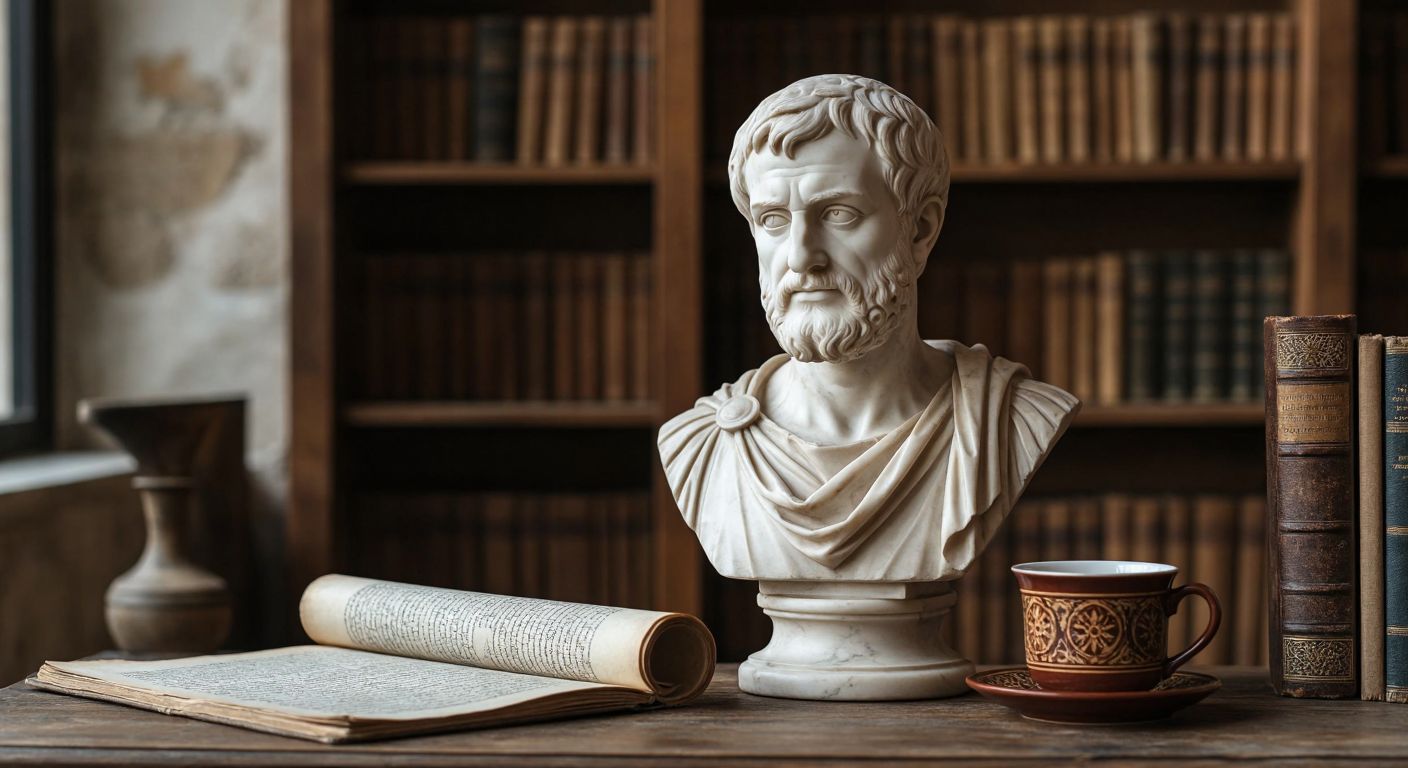 A marble bust of Aristotle with a contemplative expression, placed on a wooden desk beside an open ancient scroll and a Turkish coffee cup, symbolizing logical reasoning in a scholarly setting.