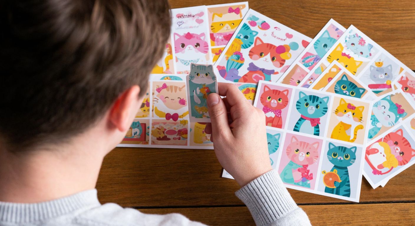A person thoughtfully comparing colorful half-cut and full-cut stickers on a wooden table, with playful cat-themed and elegant prince-themed sticker sheets spread out beside them.