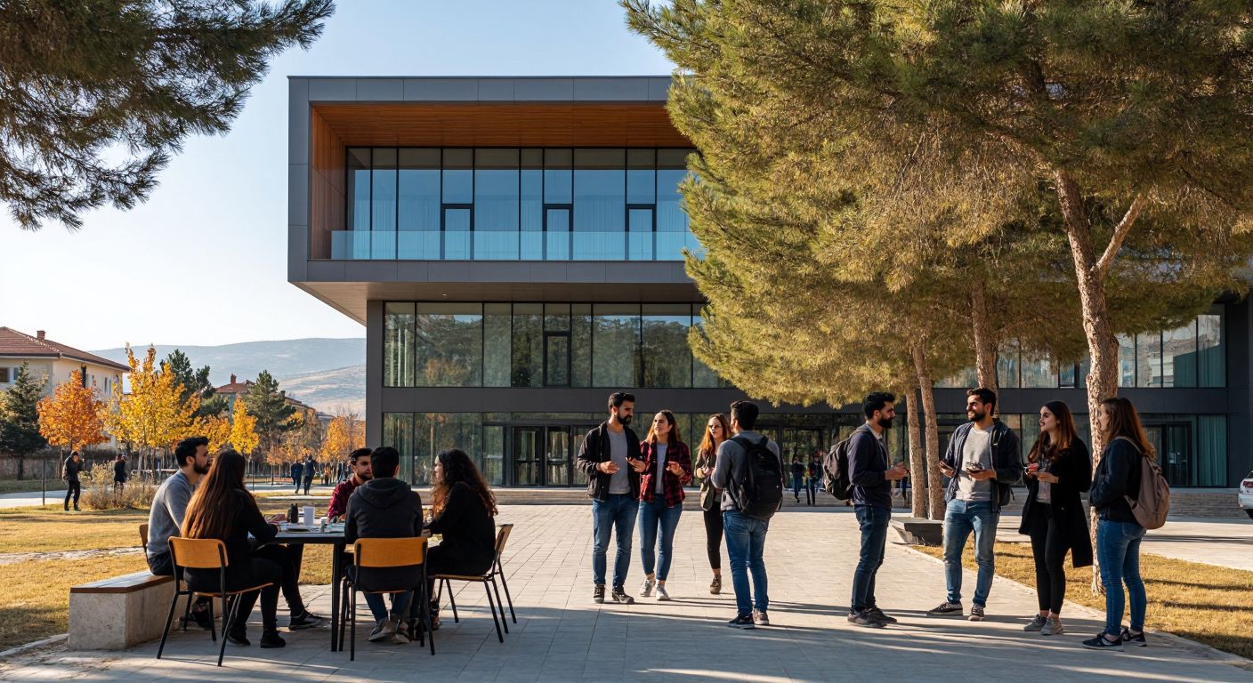 A modern university building in Burdur with students walking between classes, professors discussing under a tree, and a group engaged in a workshop around a table.