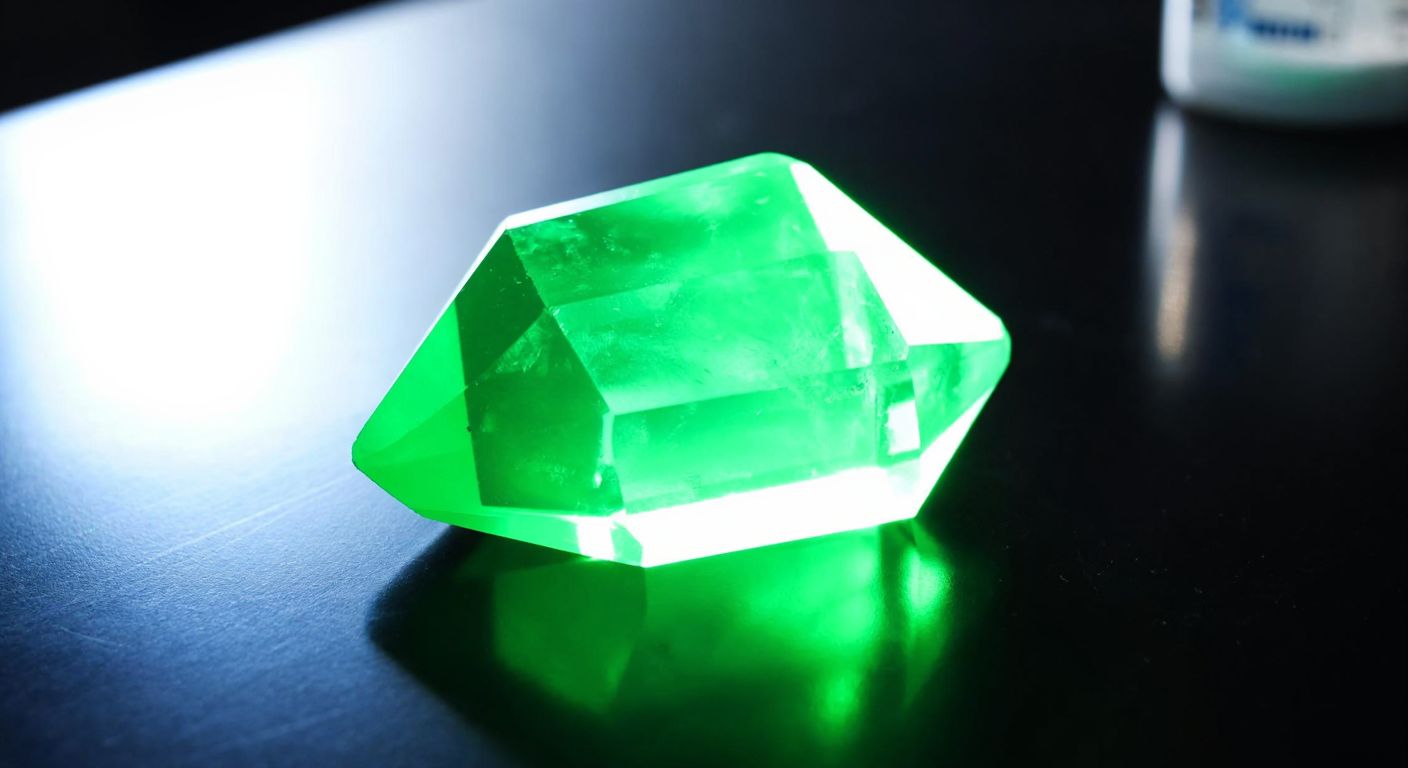 A glowing green crystal of selenium resting on a dark laboratory table, reflecting light like a rare gemstone.