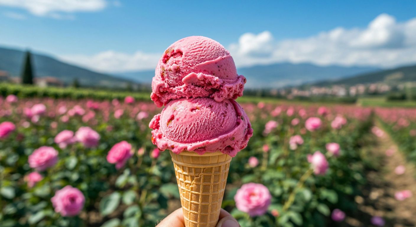 A vibrant scoop of rose-flavored ice cream on a cone, with a backdrop of Isparta's rose fields and a distant Brazilian carnival parade.