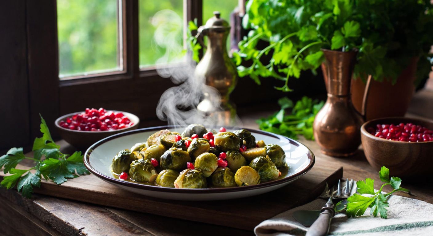 A warm, sunlit Turkish kitchen with a steaming plate of olive oil-braised Brussels sprouts garnished with pomegranate seeds, surrounded by fresh herbs and a rustic wooden table.