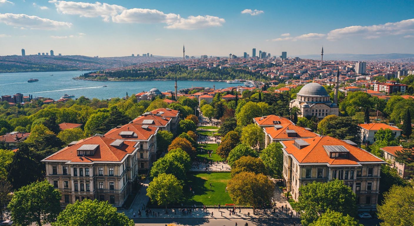 A vibrant aerial view of Istanbul’s skyline with distinct university campuses like Boğaziçi’s red-roofed buildings by the Bosphorus, İTÜ’s modern structures in Maslak, and İstanbul University’s historic dome in Beyazıt, surrounded by students walking under leafy trees.