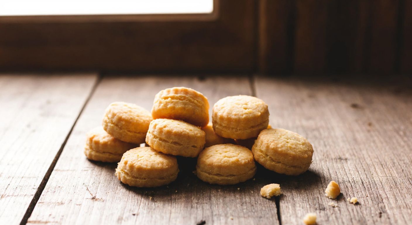 A small pile of golden-brown Çokoprens biscuits on a rustic wooden table, with a few scattered crumbs and a warm, inviting glow from sunlight filtering through a nearby window.