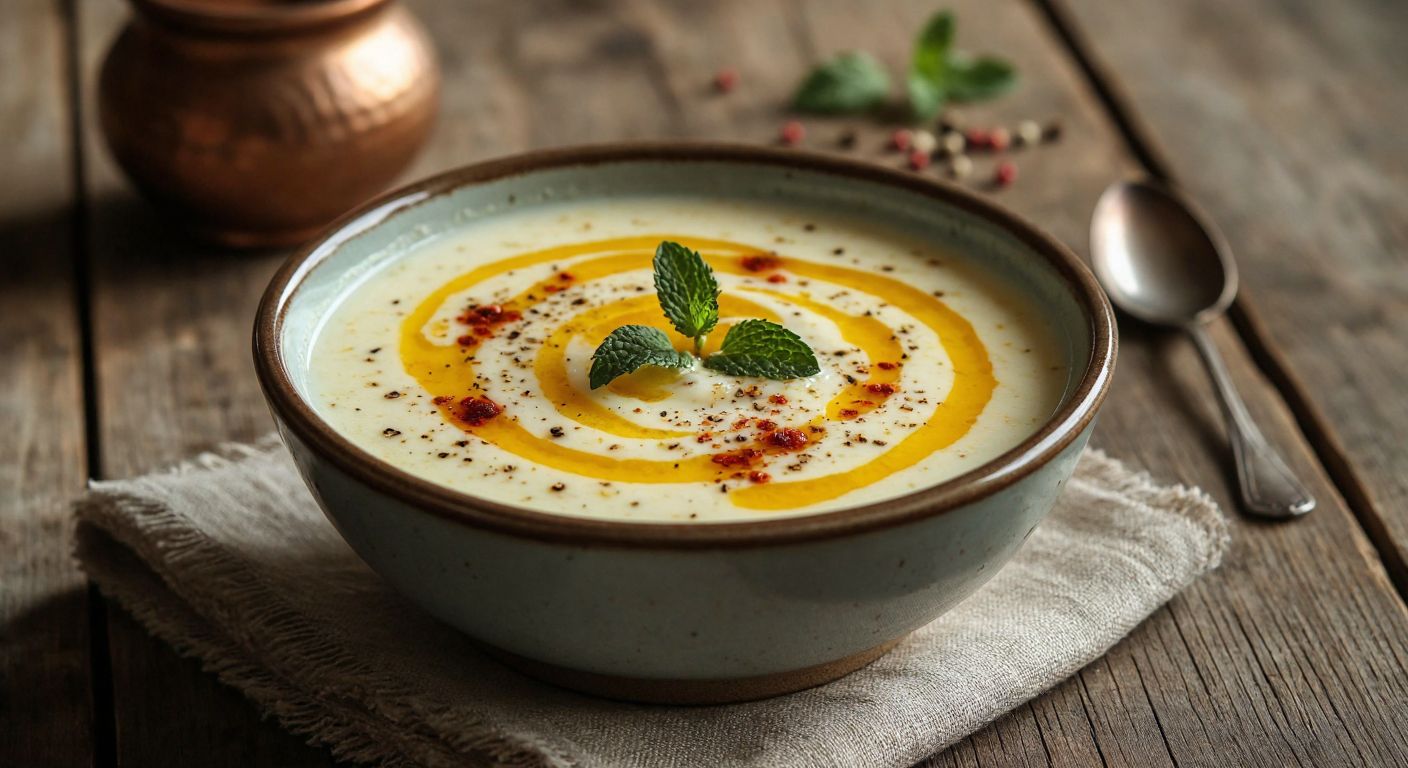 A warm, steaming bowl of creamy yogurt-tarhana soup, garnished with a golden swirl of melted butter infused with red pepper flakes and dried mint, sits on a rustic wooden table in a cozy Turkish kitchen.