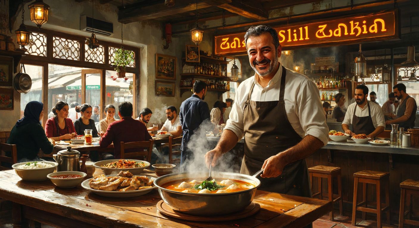 A bustling Turkish restaurant with a steaming bowl of işkembe soup on a wooden table, surrounded by happy diners in a warm, traditional setting, while a proud middle-aged man (Salih Metin) in an apron smiles behind the counter.