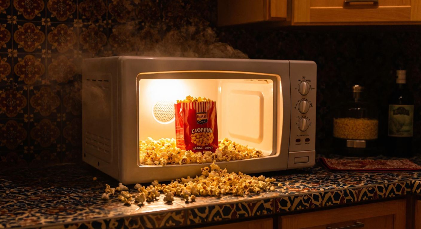 A warm, glowing microwave with a bag of popcorn inside, surrounded by steam and a few popped kernels spilling onto a Turkish-patterned kitchen counter.