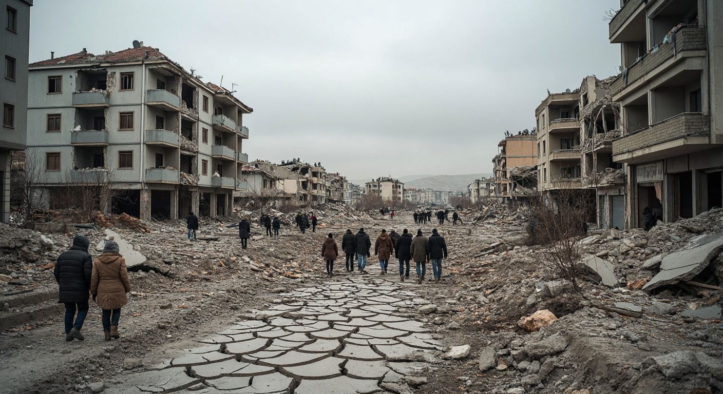 A cracked, unstable ground in Hatay with collapsed buildings, surrounded by distressed people in winter clothing, under a somber gray sky.