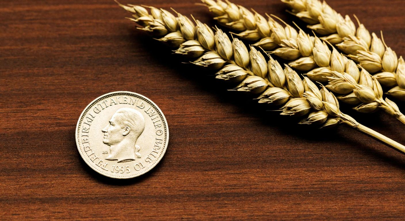 A vintage Turkish lira coin from the 1930s rests on a wooden table beside a golden wheat sheaf, symbolizing economic prosperity during the peak value years of the currency.