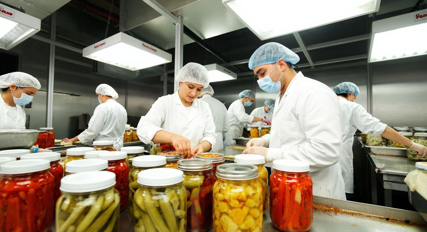 A bustling food production facility in Pendik, Istanbul, with workers in white aprons and hairnets carefully preparing jars of colorful fermented vegetables under bright industrial lights.