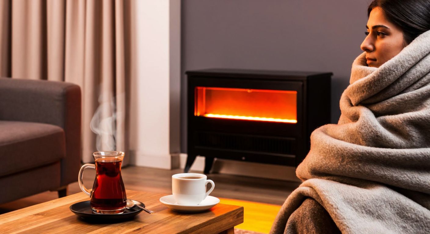 A cozy Turkish living room with a modern electric heater glowing warmly in the corner, a steaming cup of çay on a wooden table nearby, and a person wrapped in a thick blanket looking relieved as the heater efficiently warms the space.