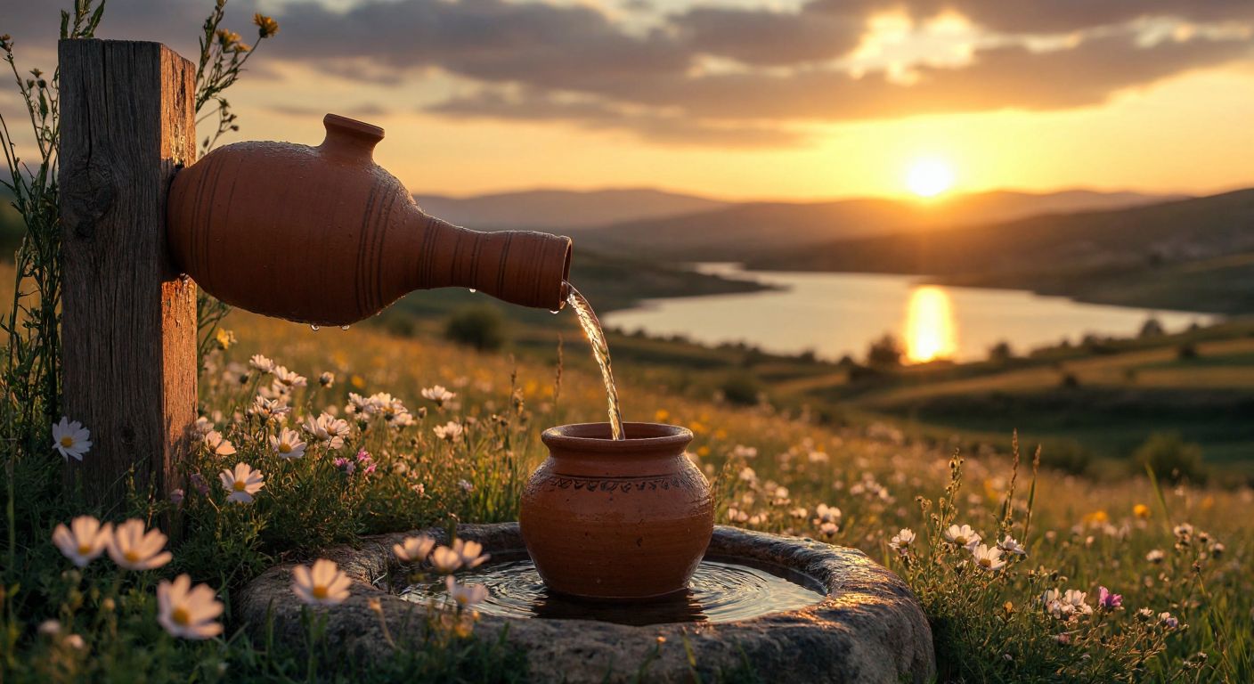 A serene Turkish countryside scene with a small clay jar slowly filling with water droplets from a wooden spout, surrounded by wildflowers and a distant shimmering lake under a golden sunset.