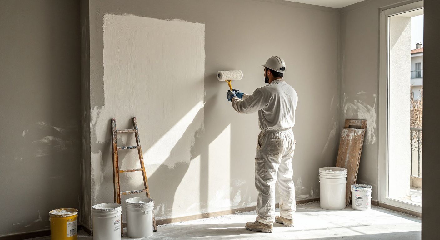 A Turkish construction worker in a white jumpsuit carefully applies a smooth, milky primer onto a satin plaster wall with a roller, surrounded by paint cans and tools in a sunlit, half-finished room.