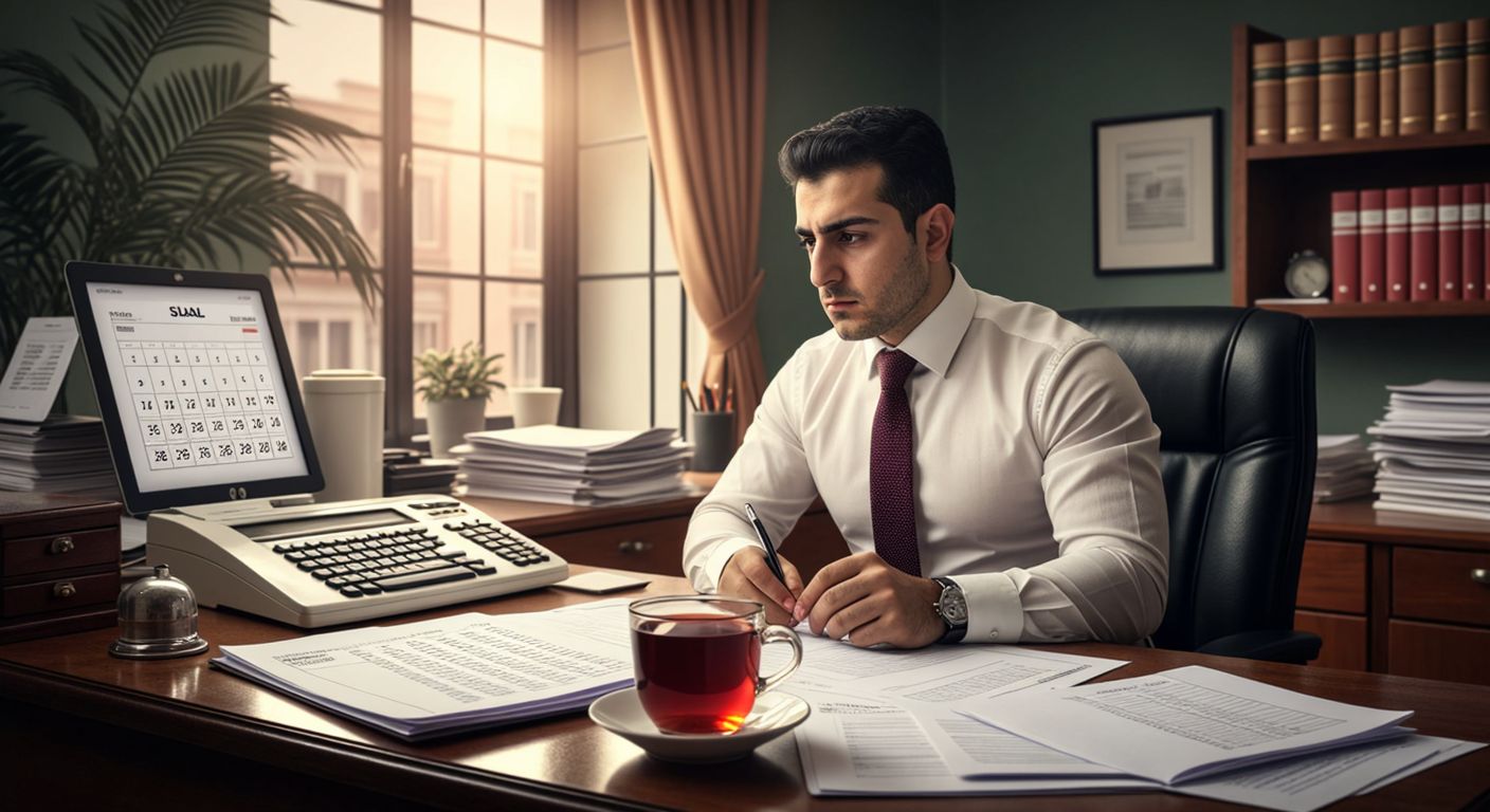 A Turkish accountant in a tidy office with a calendar on the desk, looking focused while organizing tax documents next to a steaming cup of çay.  

(Note: The calendar is implied as a background object without visible dates or labels to comply with restrictions.)