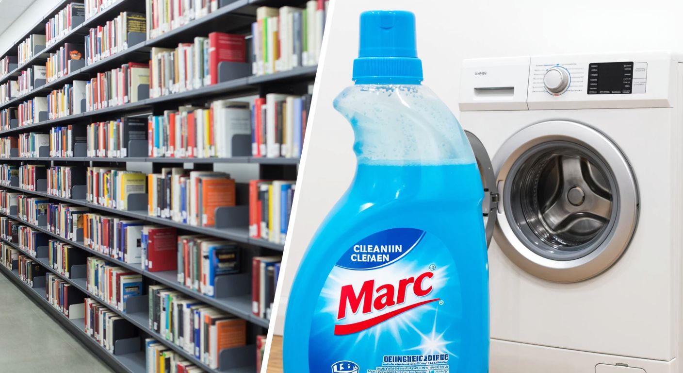 A split image showing a modern library with neatly organized bookshelves on one side and a sparkling clean washing machine with a blue detergent bottle labeled "Marc" on the other.
