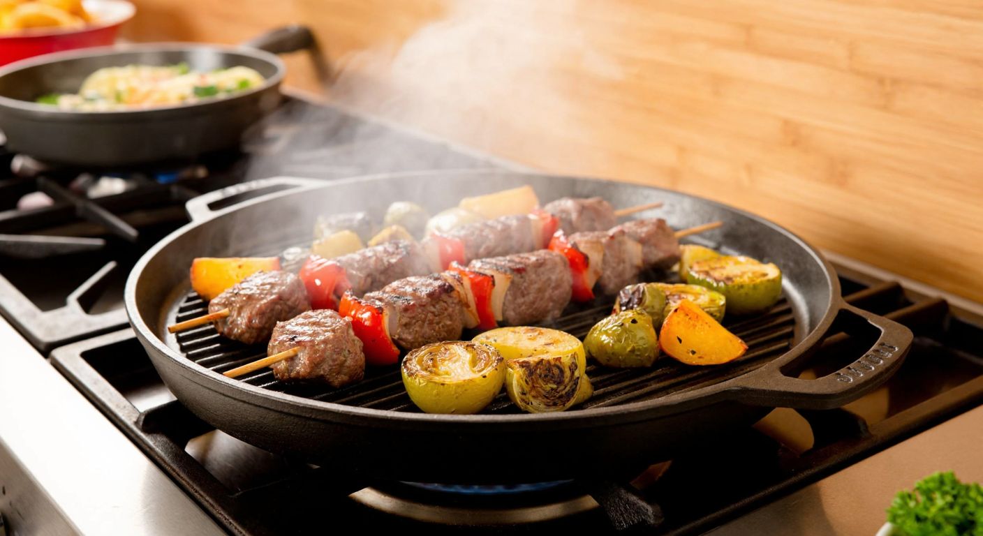 A sturdy black cast iron pan with a ridged grill surface sits on a stovetop, sizzling with juicy kebabs and colorful vegetables, emitting aromatic steam in a cozy Turkish kitchen.