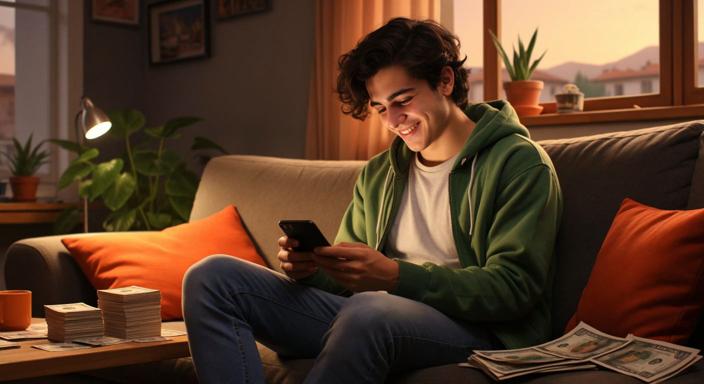 A young Turkish person sitting on a couch in a cozy home, smiling while scrolling through a smartphone with a small stack of lira bills beside them.