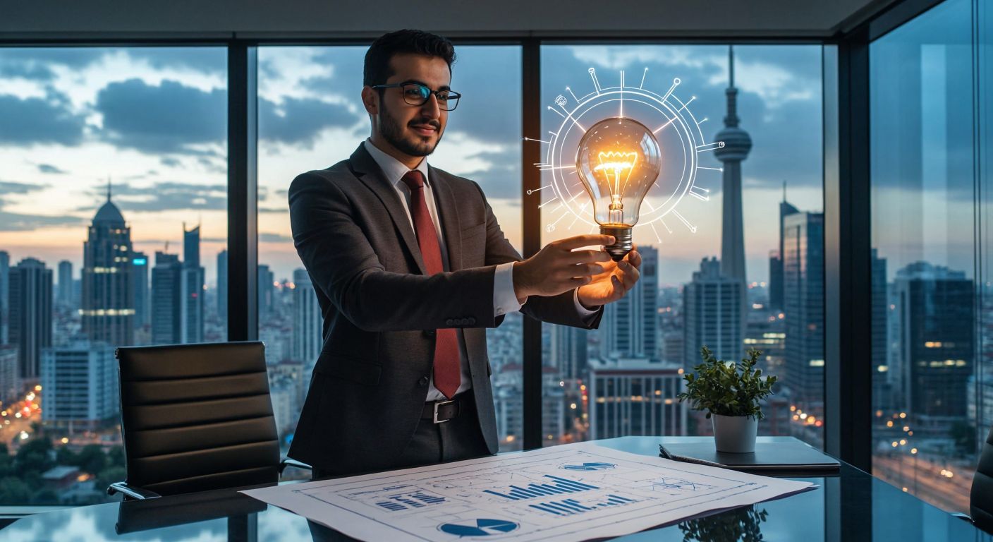 A confident Turkish businessperson in a sleek office, holding a glowing lightbulb above a blueprint, surrounded by symbols of trust (handshake), growth (rising graph), and innovation (gears), with a modern Istanbul skyline visible through the window.
