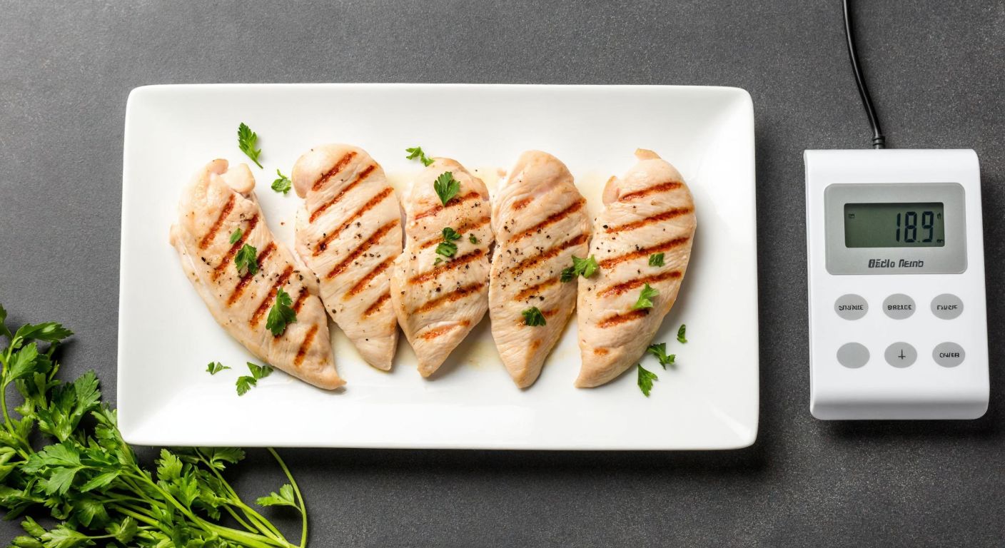 A neatly arranged plate of grilled, skinless chicken breast slices in a Turkish kitchen, with a small digital scale beside it and fresh herbs sprinkled on top.