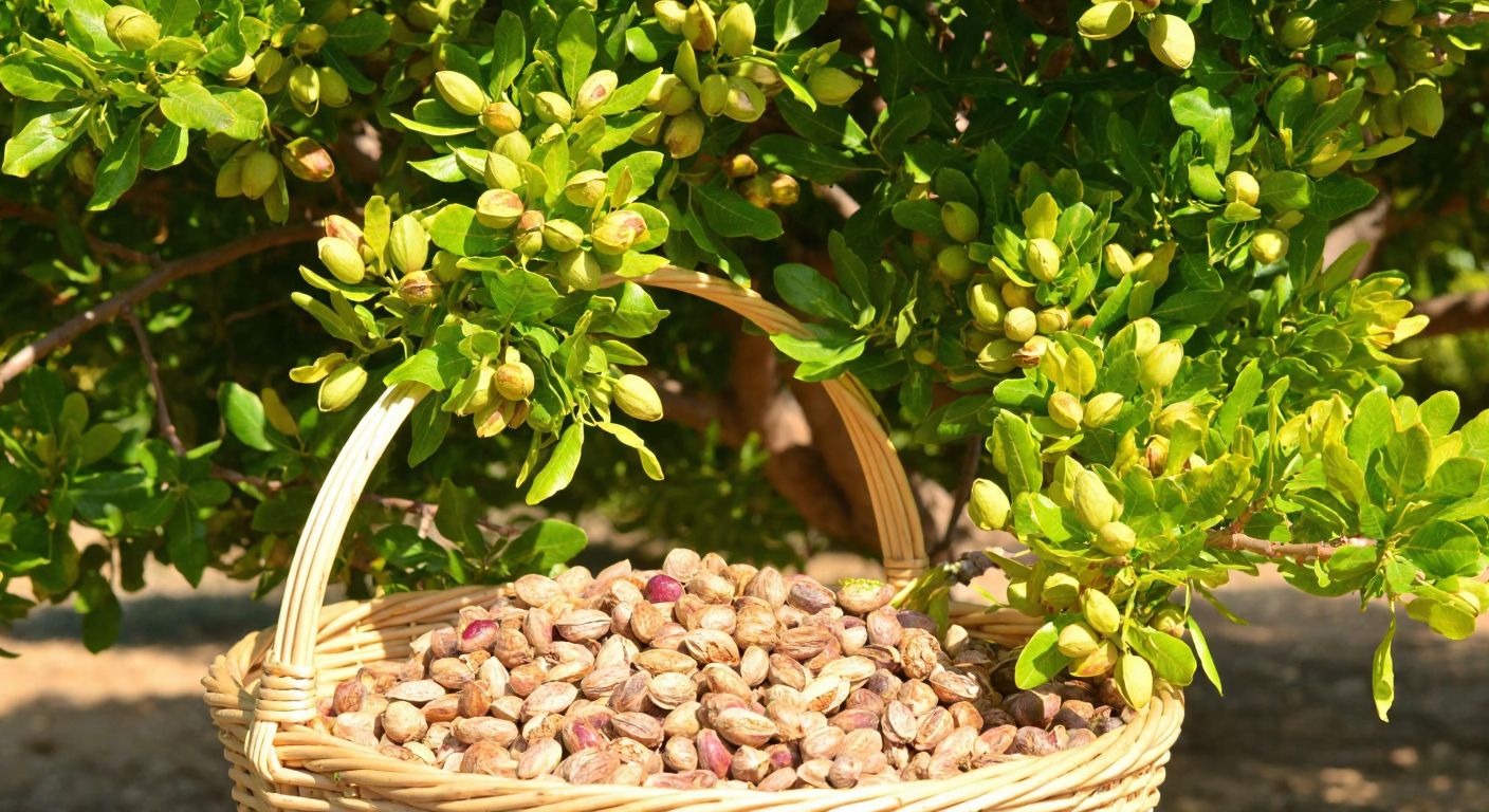 A vibrant green pistachio tree laden with clusters of ripe nuts under a warm Mediterranean sun, with a basket of freshly harvested pistachios at its base.