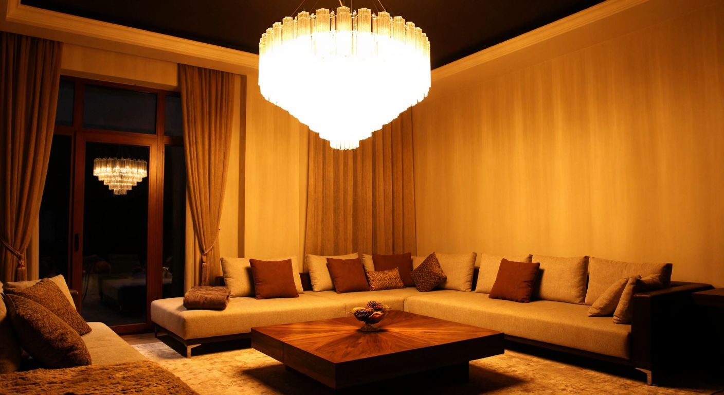 A warmly lit Turkish living room with a modern chandelier casting a bright glow over a cozy seating area with plush sofas and a low wooden table, evoking comfort and clarity.