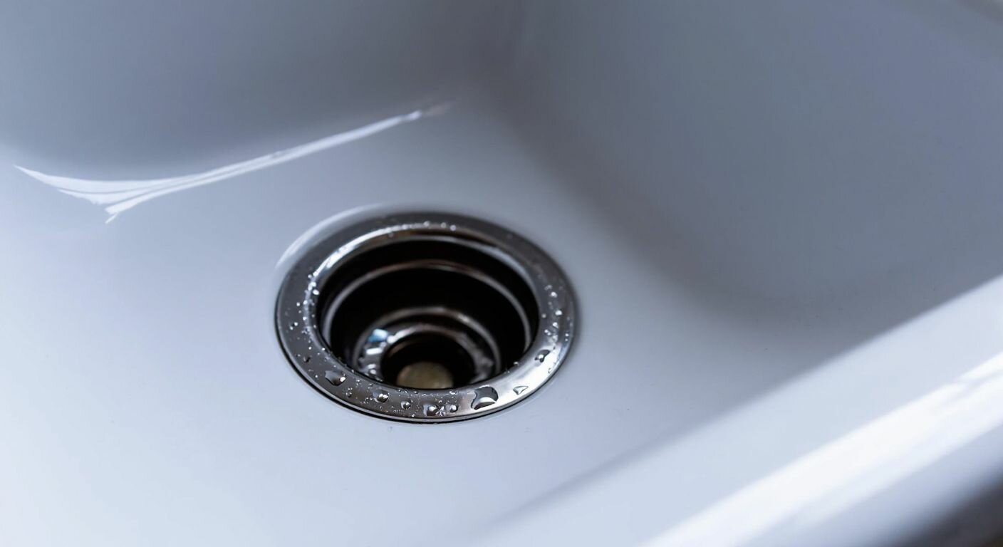 A close-up of a shiny, flexible silicone sink drain gasket resting on a white porcelain bathroom sink, with water droplets glistening on its surface.