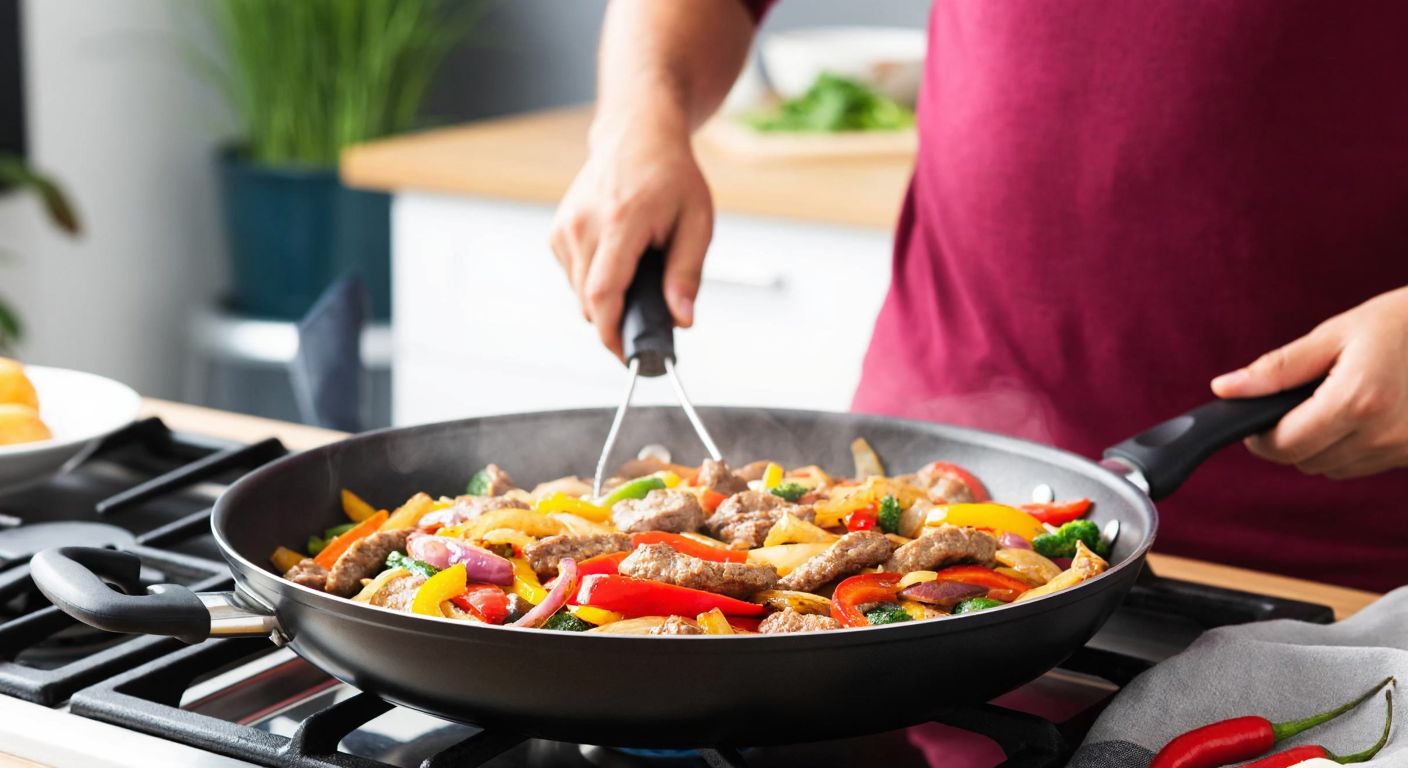 A large, steaming 28 cm wok pan filled with colorful stir-fried vegetables and meat sits on a stove, surrounded by a happy Turkish family eagerly preparing to share the meal.