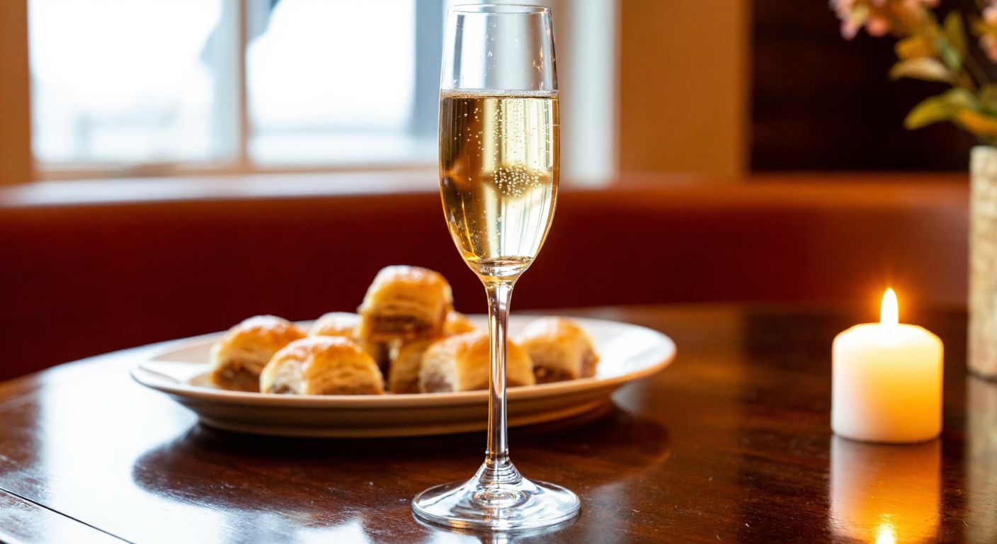 A slender, tall champagne flute filled with bubbling golden champagne, resting on a polished wooden table beside a plate of Turkish baklava, with soft candlelight reflecting off the glass.
