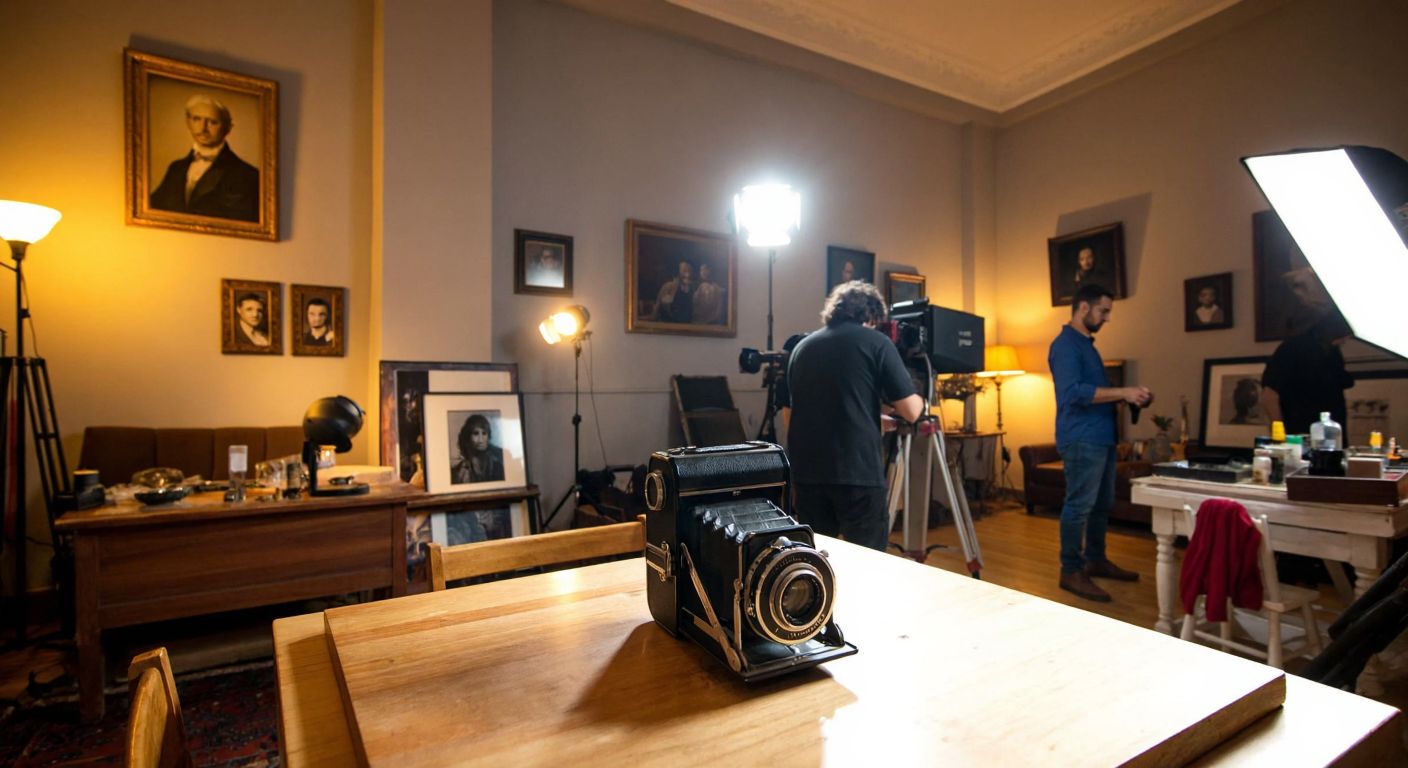A bustling photography studio in Istanbul with a vintage camera on a wooden table, surrounded by framed portraits and warm lighting, capturing a moment of creative energy.