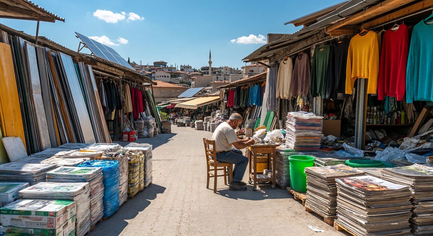 A vibrant Turkish marketplace with colorful stacks of sorted recyclables (glass, metal, paper), a craftsman repairing a wooden chair, and solar panels on a nearby rooftop under a sunny sky.