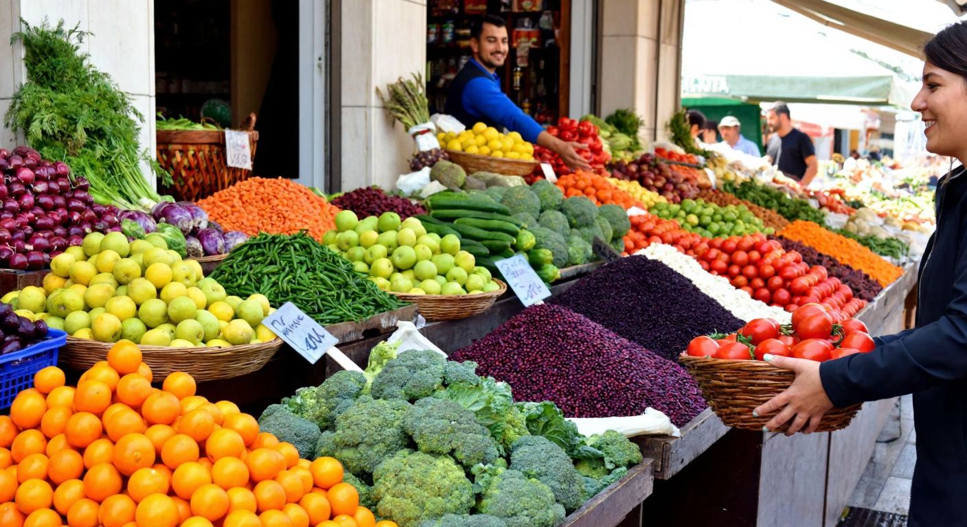 A vibrant Turkish farmers' market with fresh fruits, vegetables, and legumes arranged in colorful piles, while a smiling vendor hands a customer a basket overflowing with produce, embodying the wholesome essence of veganism.