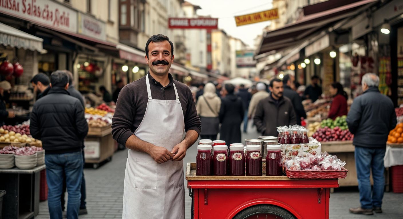 A cheerful, mustachioed street vendor in a white apron stands proudly beside his bright red şalgam cart, surrounded by eager customers in a bustling Turkish marketplace.