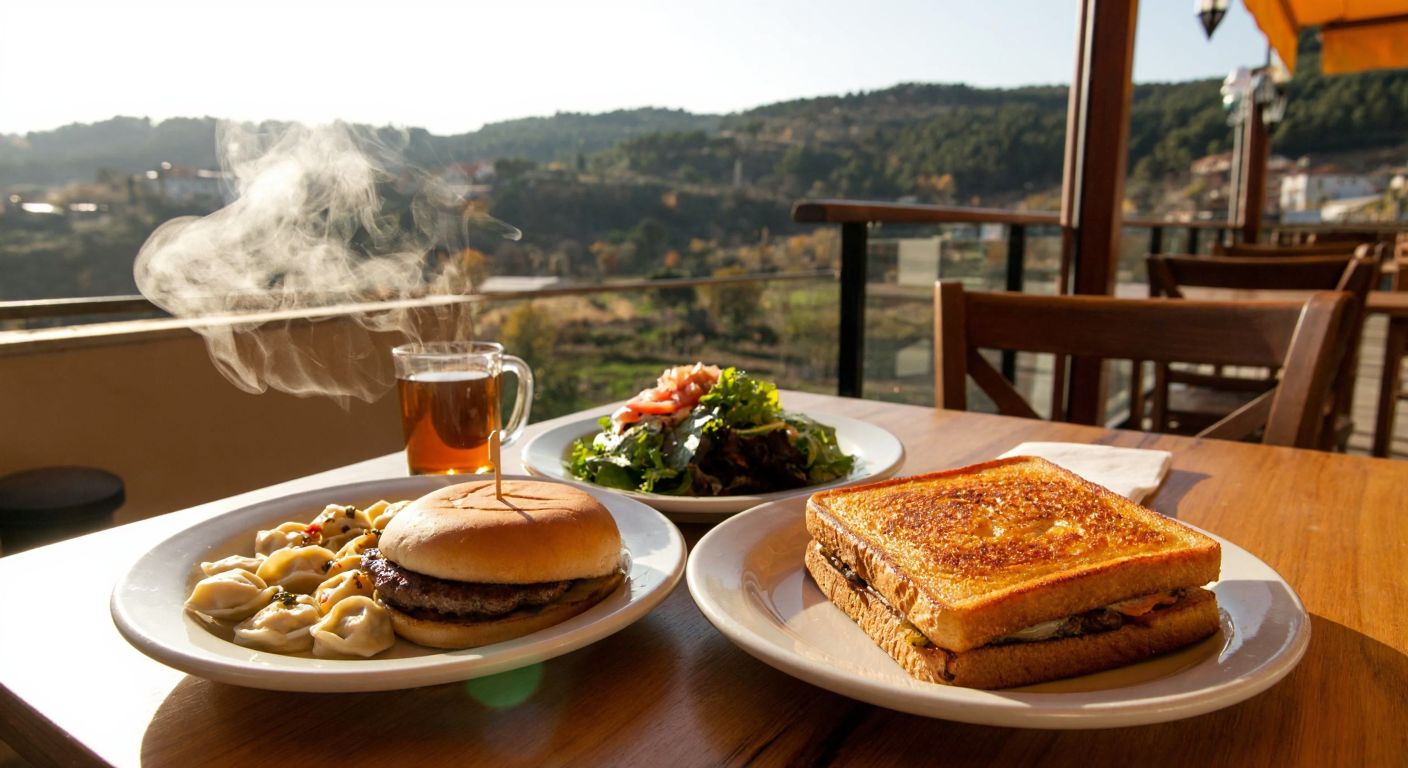 A cozy café terrace with a steaming plate of mantı, a juicy hamburger, and a golden-brown tost on a wooden table, overlooking a scenic Turkish landscape with warm sunlight.