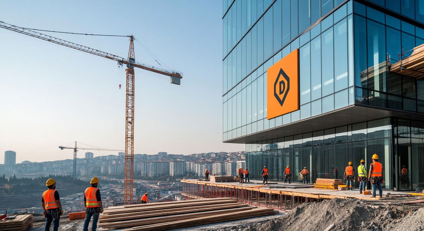 A modern construction site in Istanbul with workers in hard hats, a towering crane in the background, and the logo of Dikkan Grup subtly embedded on a sleek glass office building nearby.