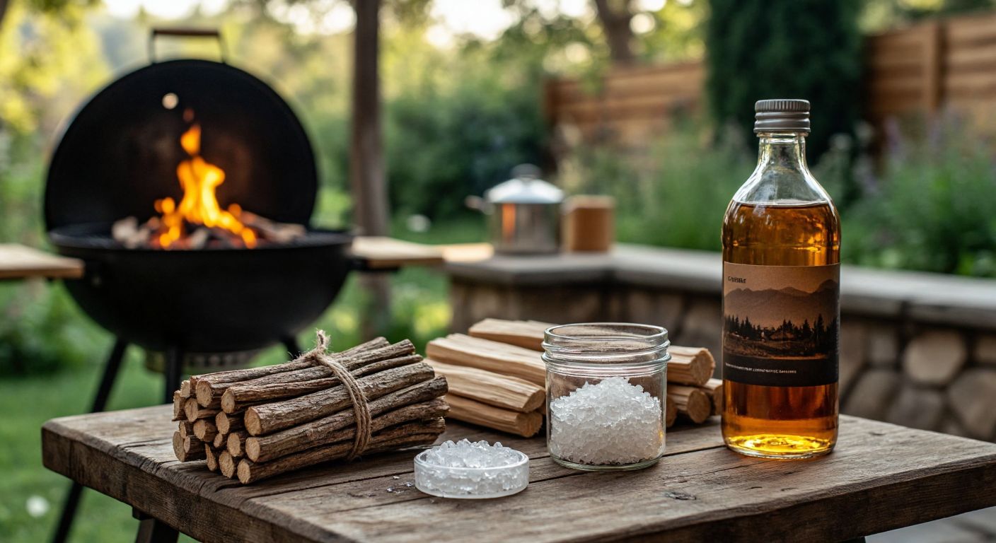 A rustic wooden table in a Turkish garden holds three distinct fire starters: a bundle of wax-coated wood wool, a small jar of clear gel, and a bottle of high-alcohol fuel, with a charcoal grill glowing faintly in the background.
