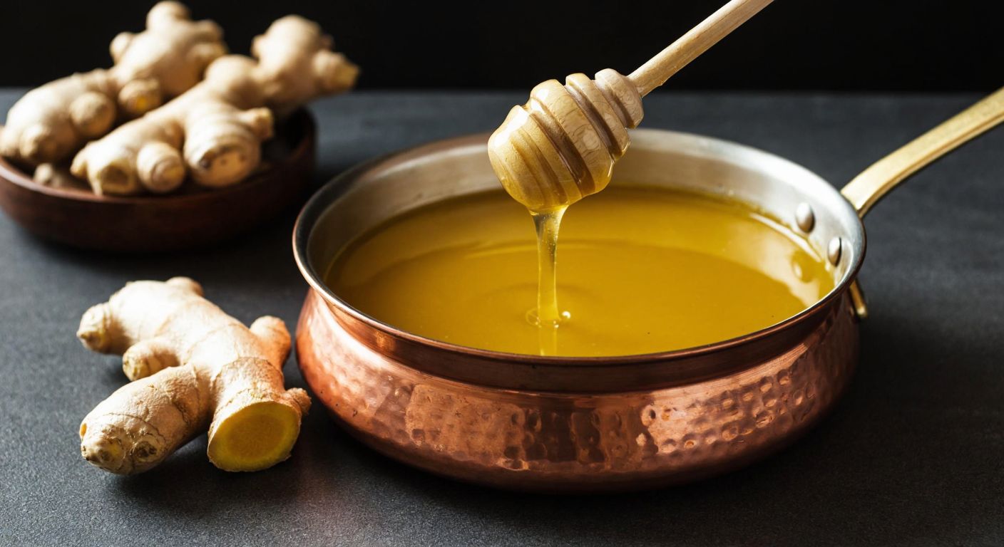 A warm, golden-hued liquid swirls in a traditional Turkish copper pot, with fresh turmeric and ginger roots resting beside it, while a wooden spoon drips honey into the mixture.