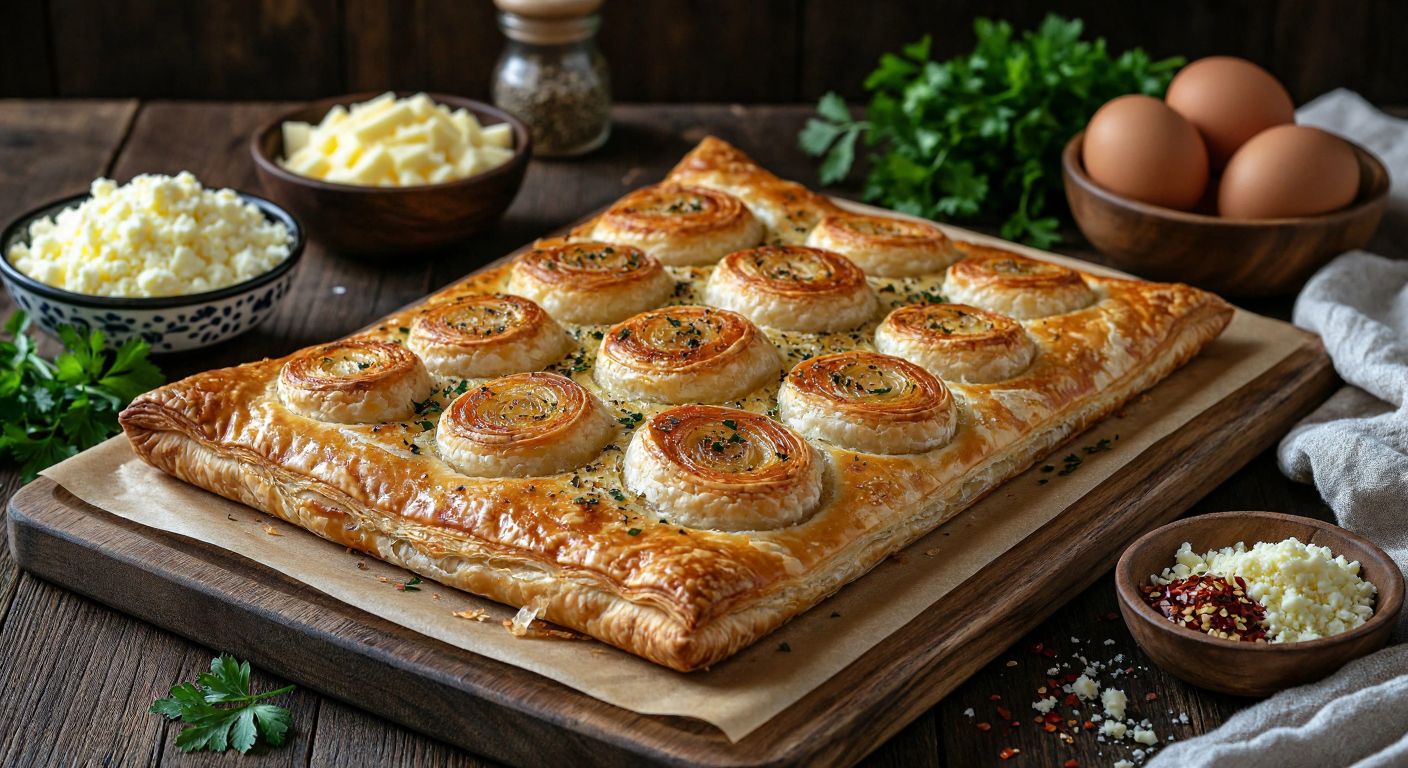 A golden-brown onion börek, freshly baked and flaky, sits on a wooden table surrounded by its ingredients: finely chopped onions, melted butter, grated kasar cheese, fresh parsley, red pepper flakes, and crumbled lor cheese, with a bowl of egg yolk and sunflower seeds nearby.