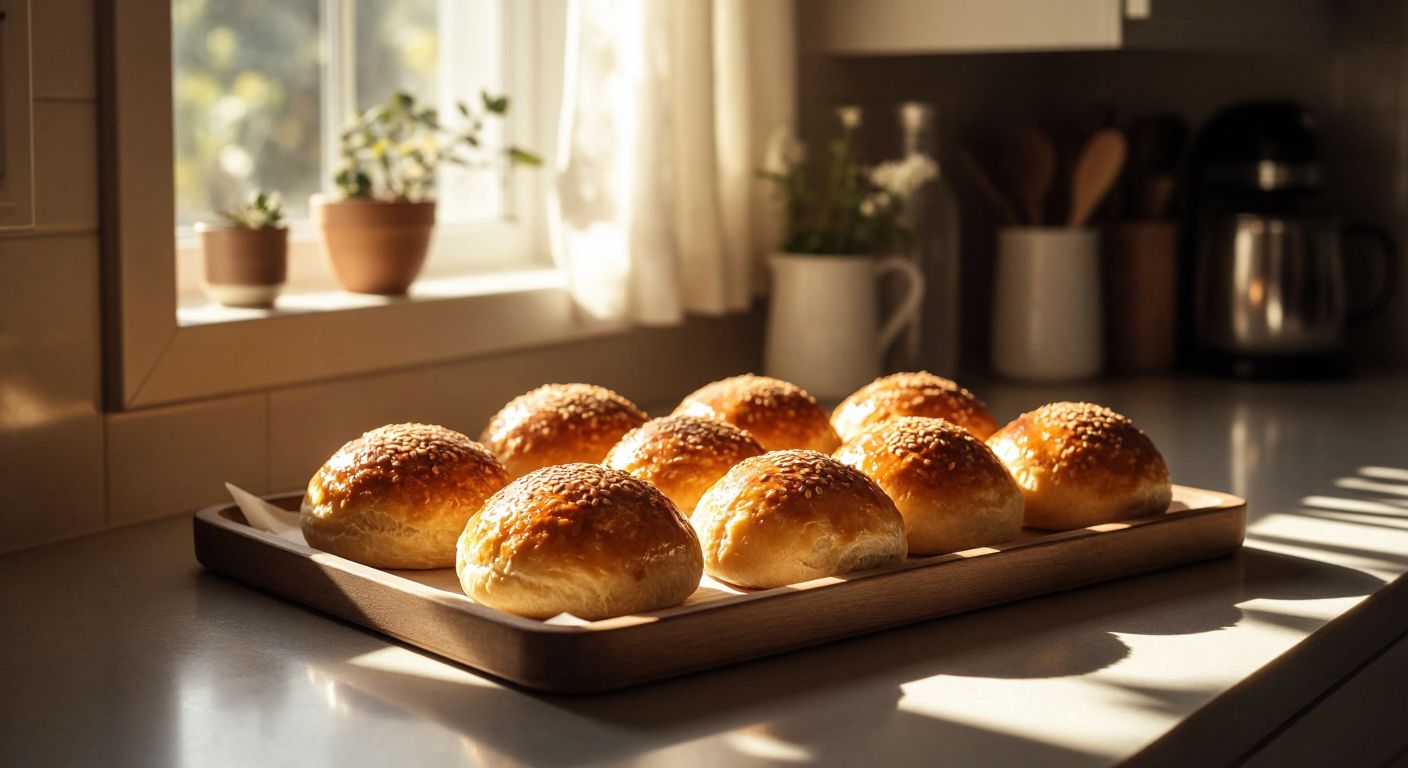 A warm, softly lit kitchen counter with golden-brown poğaça pastries gently illuminated by diffused light, casting subtle shadows on a rustic wooden tray.