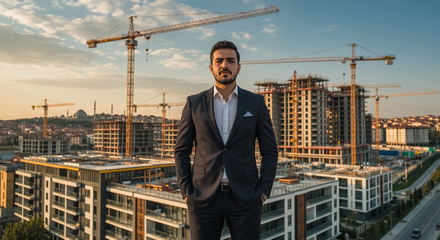 A modern Turkish businessperson in a sleek suit stands confidently in front of a bustling construction site with cranes and half-built luxury apartments, while a vibrant theme park (Vialand) glows in the background under a sunny Istanbul sky.