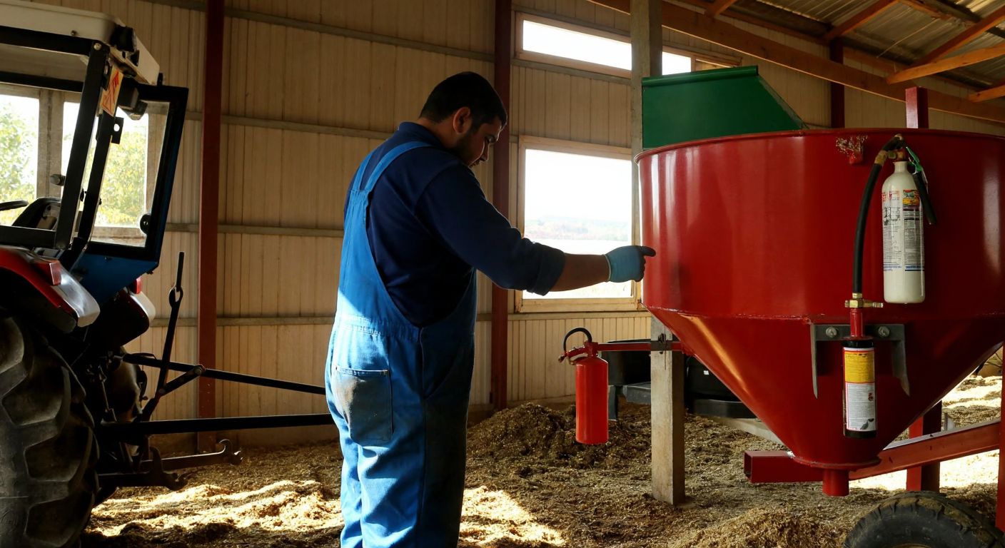 A Turkish farmer in sturdy overalls and gloves carefully inspects a feed mixing machine in a sunlit barn, with protective gear hanging nearby and a fire extinguisher mounted on the tractor’s hitch.