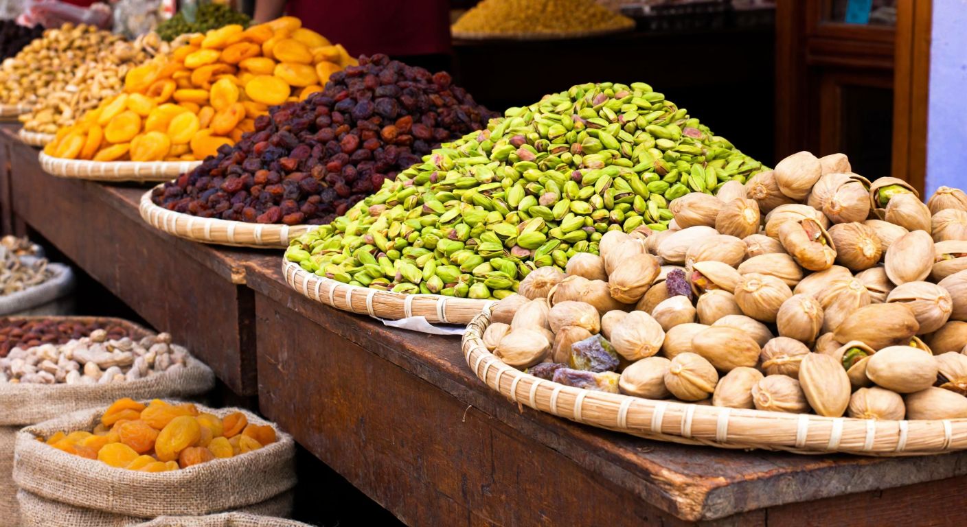 A rustic wooden table in a Turkish market, piled high with vibrant green pistachios in their shells, golden roasted nuts, and assorted dried fruits like figs and apricots, surrounded by small woven baskets and burlap sacks.