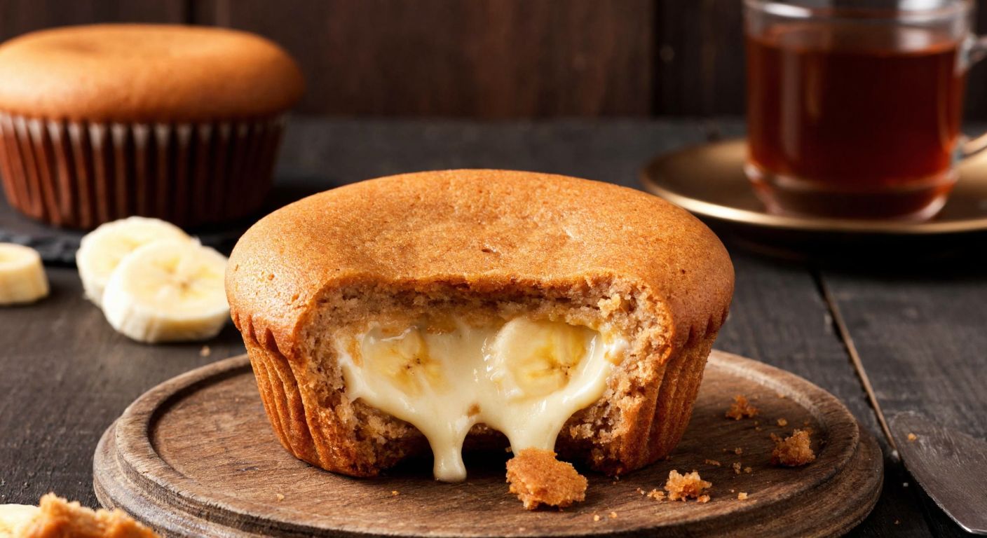 A golden-brown muffin-shaped Eti Popkek with a creamy banana filling oozing out, placed on a rustic wooden table in a cozy Turkish kitchen, surrounded by scattered crumbs and a warm cup of çay.