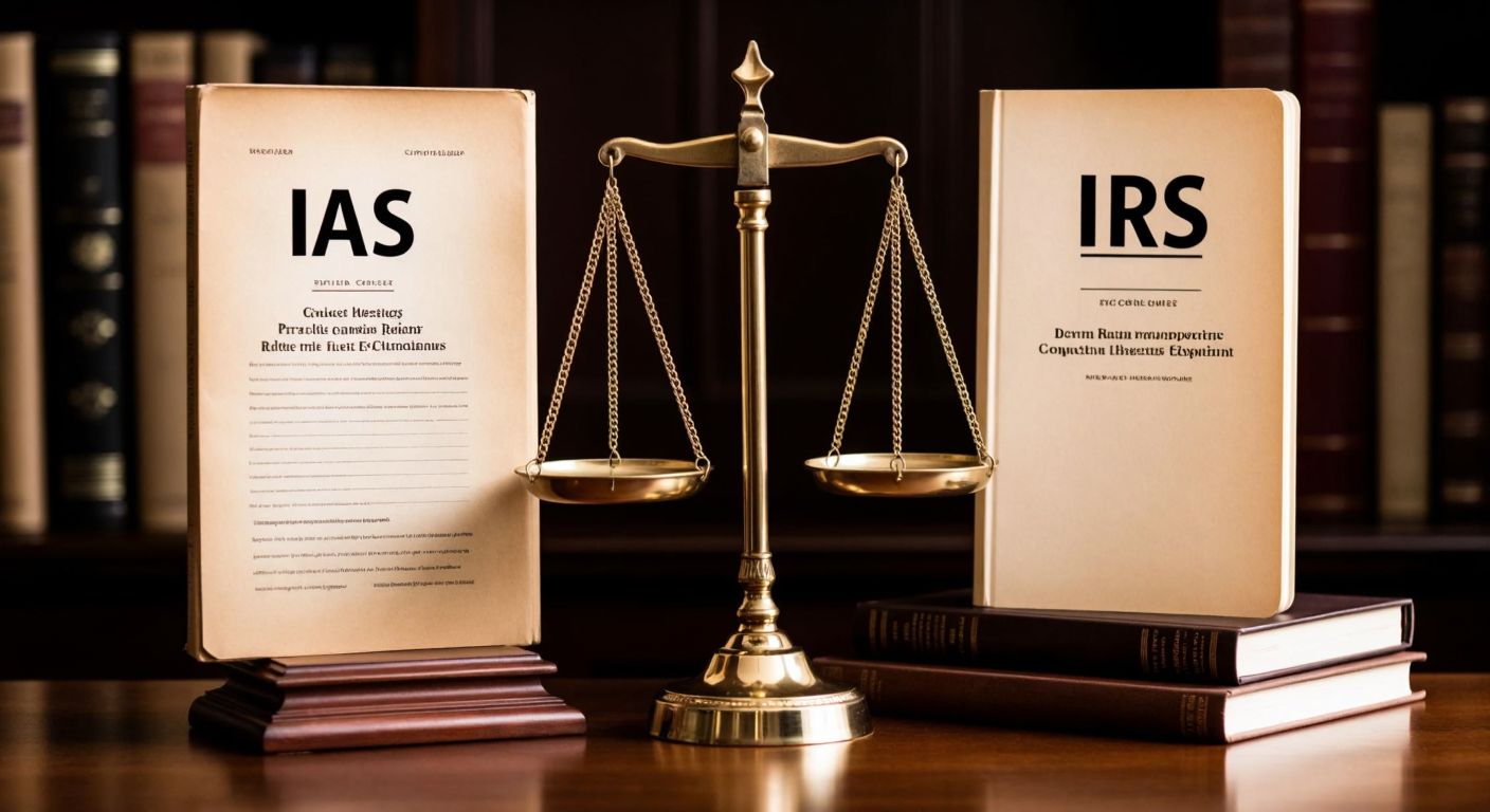 A pair of balanced golden scales on a wooden desk, one side labeled with an old parchment (IAS) and the other with a modern ledger (IFRS), symbolizing the evolution from rigid rules to flexible principles in accounting standards.