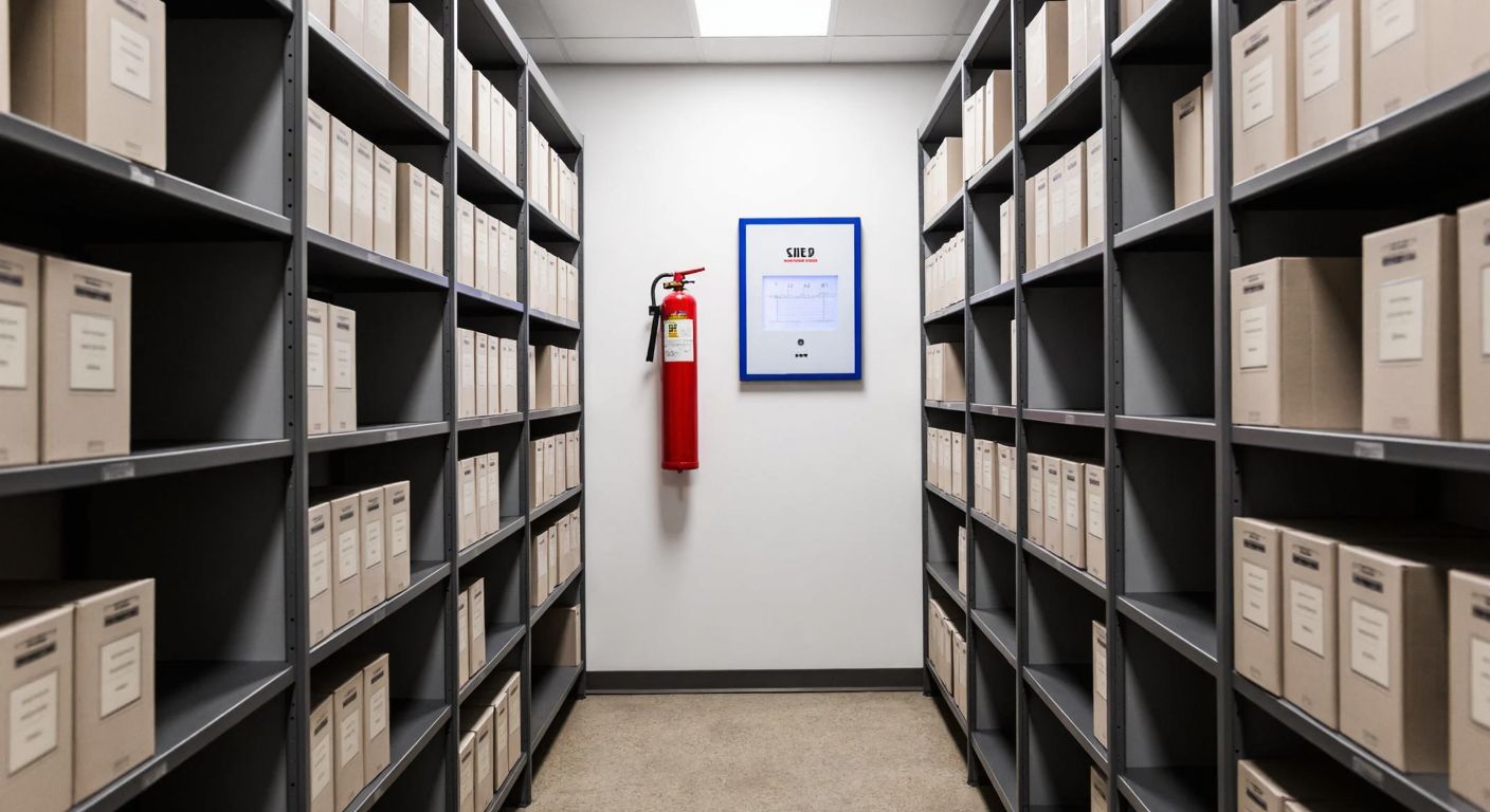 A dimly lit, windowless room with tall metal shelves neatly holding rows of archival boxes, a fire extinguisher mounted on the wall, and a temperature-humidity monitor quietly displaying stable readings.