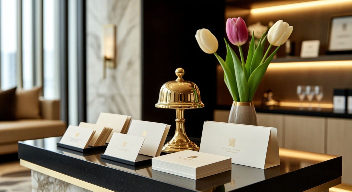 A sleek hotel lobby desk displays an array of elegant business cards—some classic and minimalist, others with embossed designs evoking luxury, and a few featuring subtle QR codes—neatly arranged beside a polished brass bell and a fresh tulip in a slender vase.