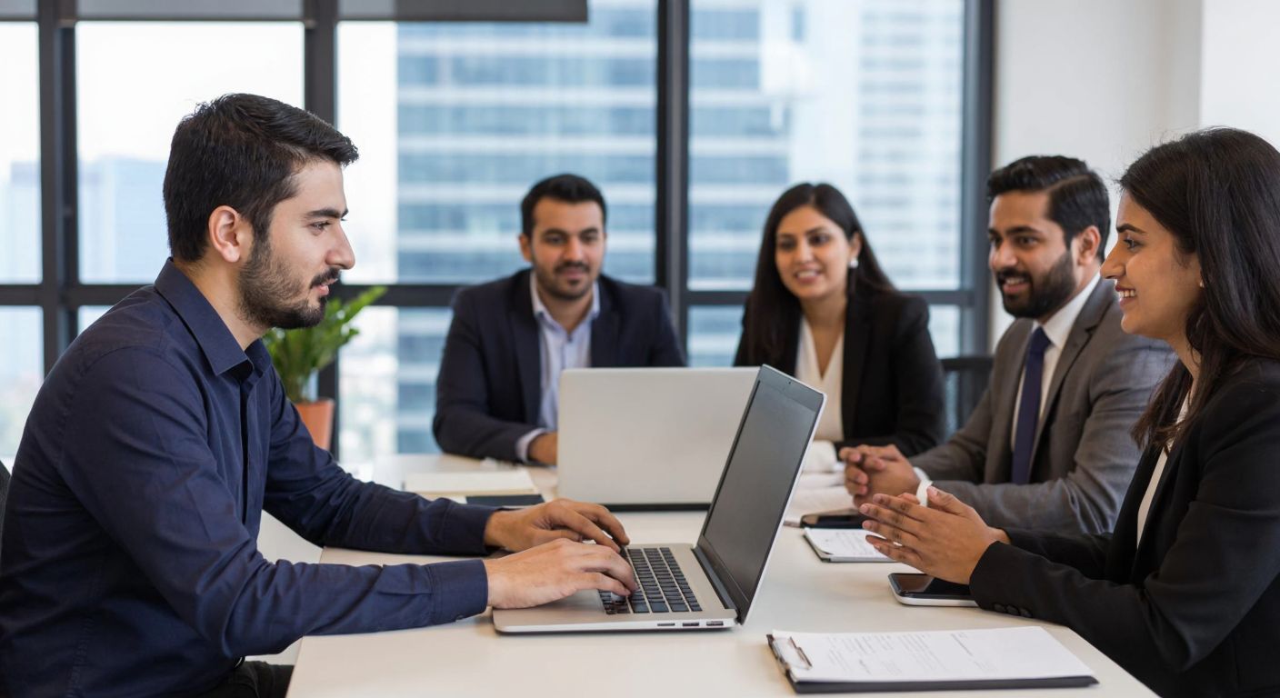 A split-screen image showing a Turkish software developer typing on a Linux terminal on one side, and on the other side, a diverse group of professionals in a corporate office in India discussing business strategies.